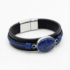 دستبند چرم و نقره با سنگ لاجورد افغان | ژوو