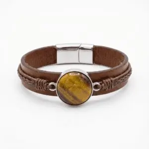 دستبند چرم و نقره با سنگ چشم ببر | ژوو