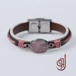 دستبند چرم طبیعی مدل لوتوس – سنگ رزکوارتز اصل | ژوو