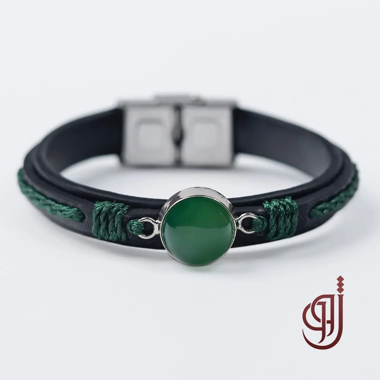 دستبند عقیق سبز دستبند چرم طبیعی مدل رویش – سنگ عقیق سبز اصل | ژوو - Image 1