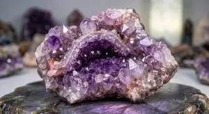 دستبند چرم و مهره سنگ آمیتیست طبیعی و دست ساز ژوو با خواص درمانی و آرامش بخش