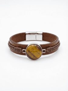 دستبند چرم و نقره با سنگ چشم ببر | ژوو